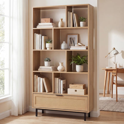 162 cm Tall Wooden Bookcase, 6-Tier Geometric Bookshelf with Drawer