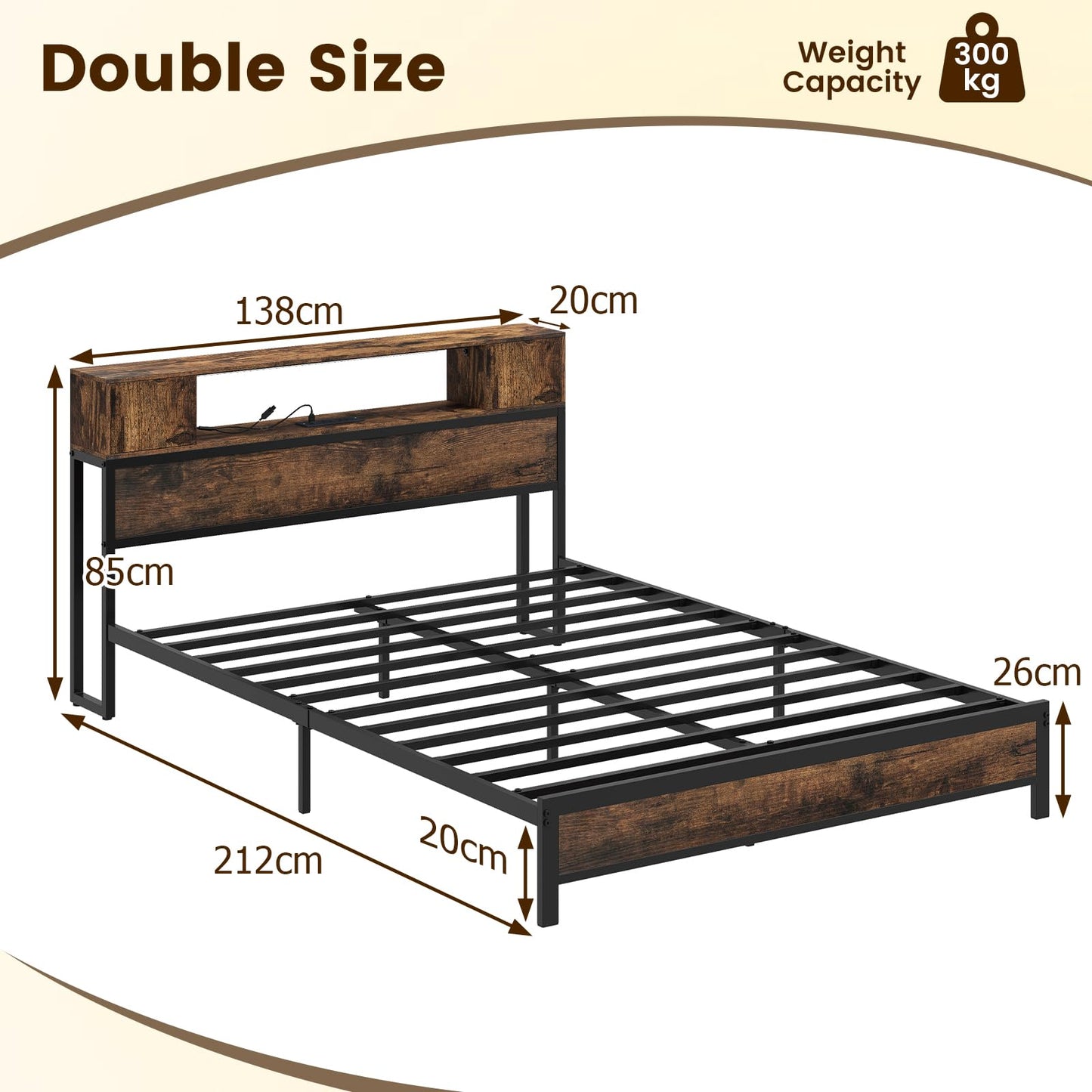 Double Metal Bed Frame with LED Lights, Charging Station