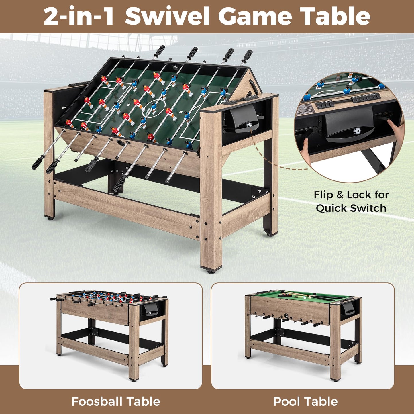 2 in 1 Multi Game Table, 124cm Reversible Football & Pool Combo Table with 2 Foosballs