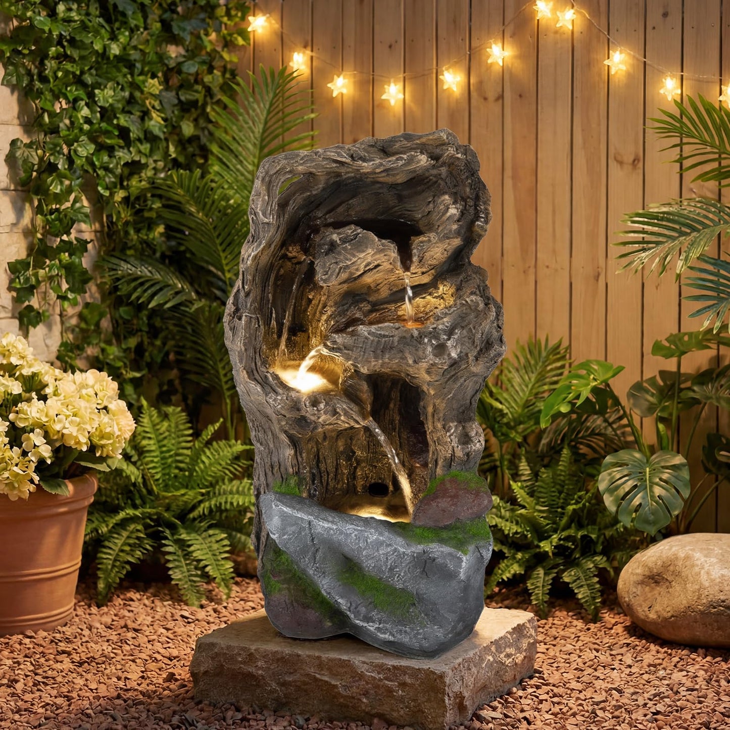 4-Tier Outdoor Water Fountain, Cascading Waterfall Fountain with 3 LED Lights