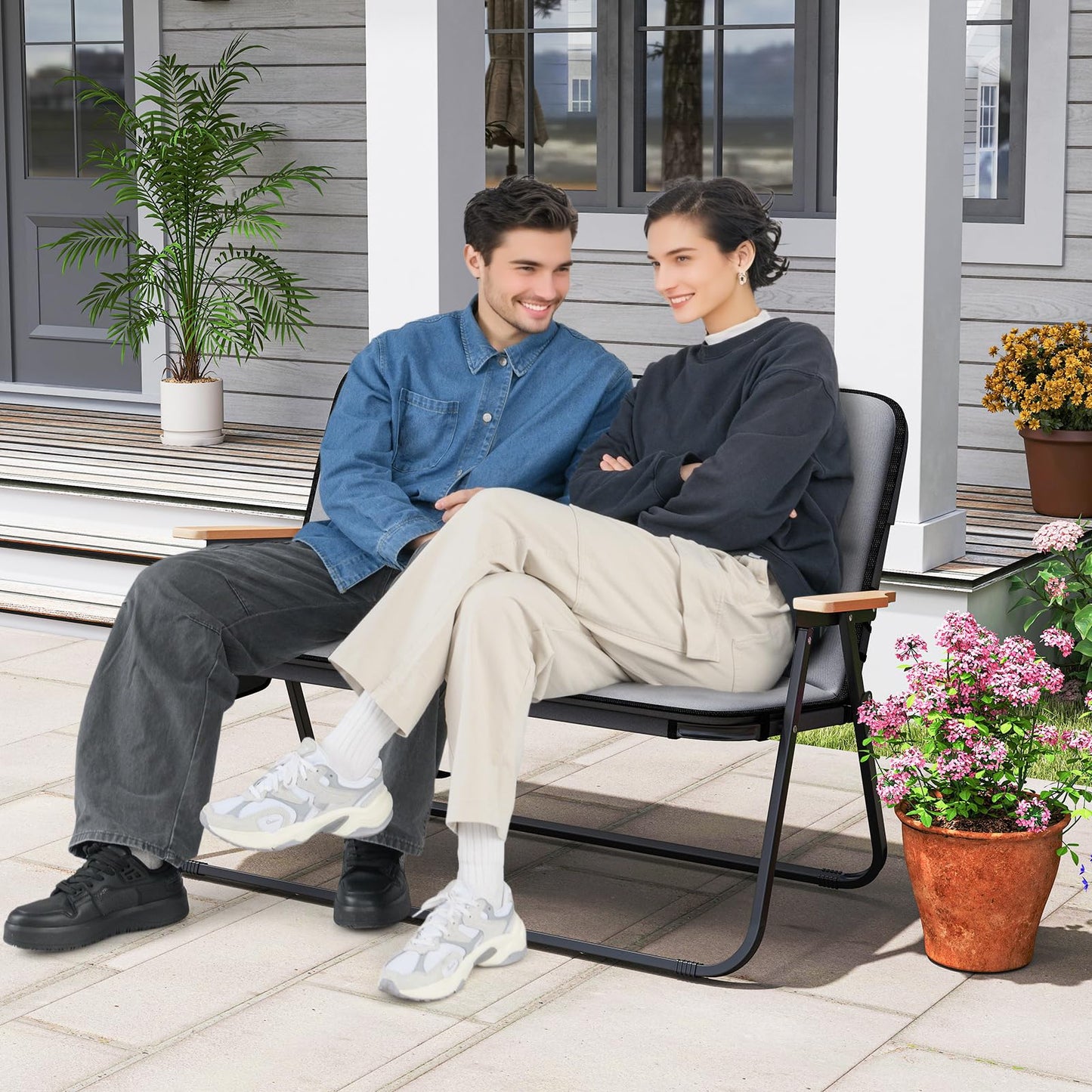Double Camping Chair, 2-Person Folding Loveseat with Detachable Cushion