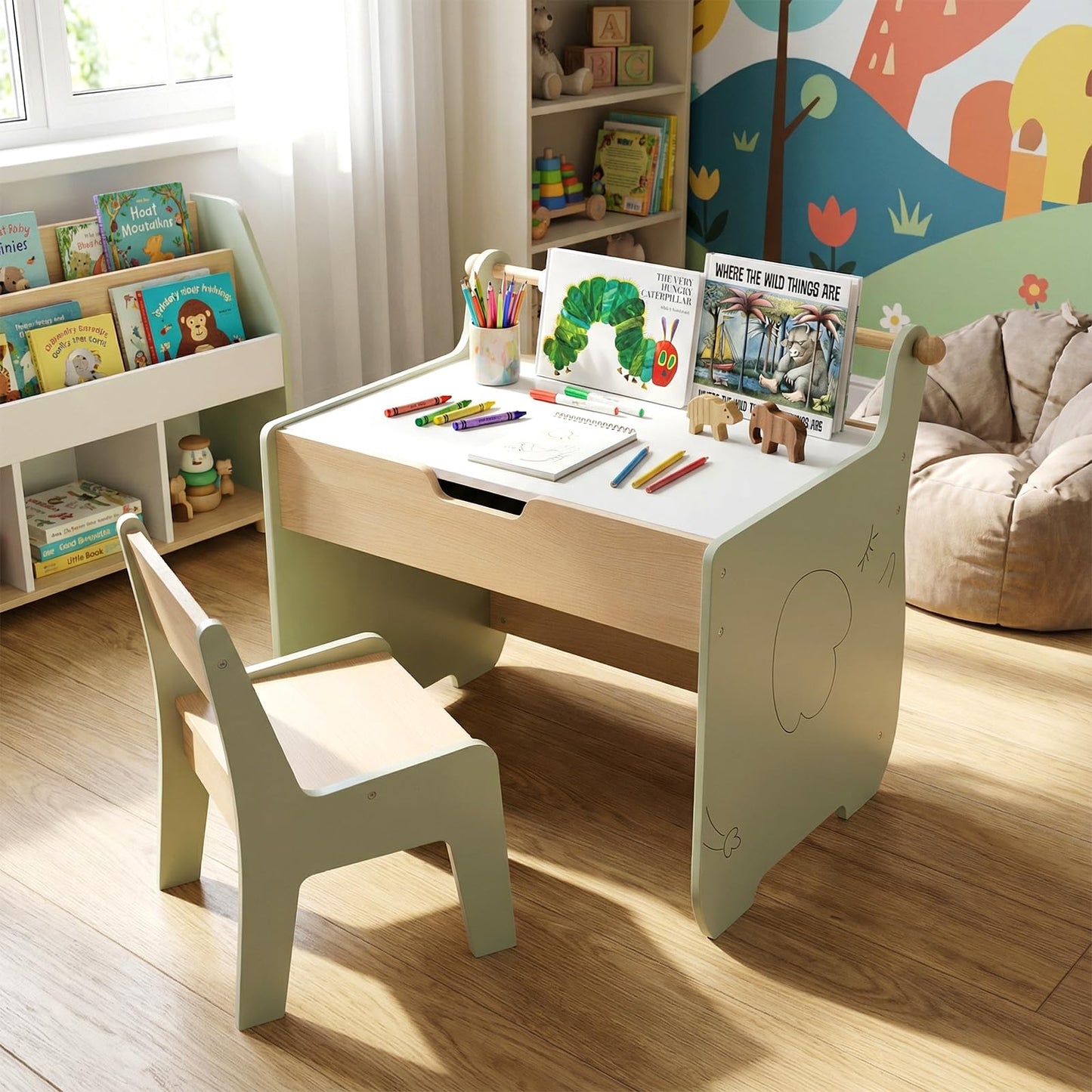 3 in 1 Kids Table and Chair Set, Toddler Art Table with Reversible Blackboard Tabletop