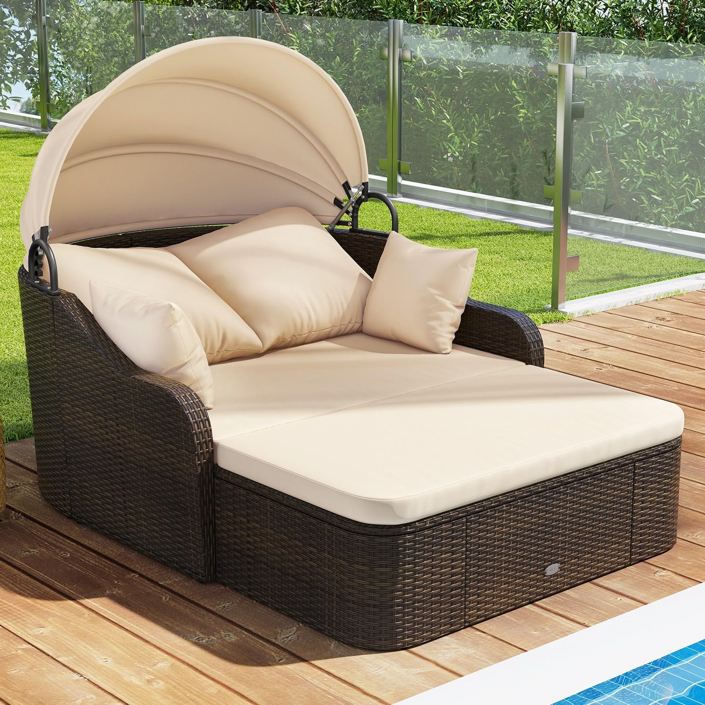 PE Rattan Daybed with Retractable Canopy and Soft Cushions for Backyard