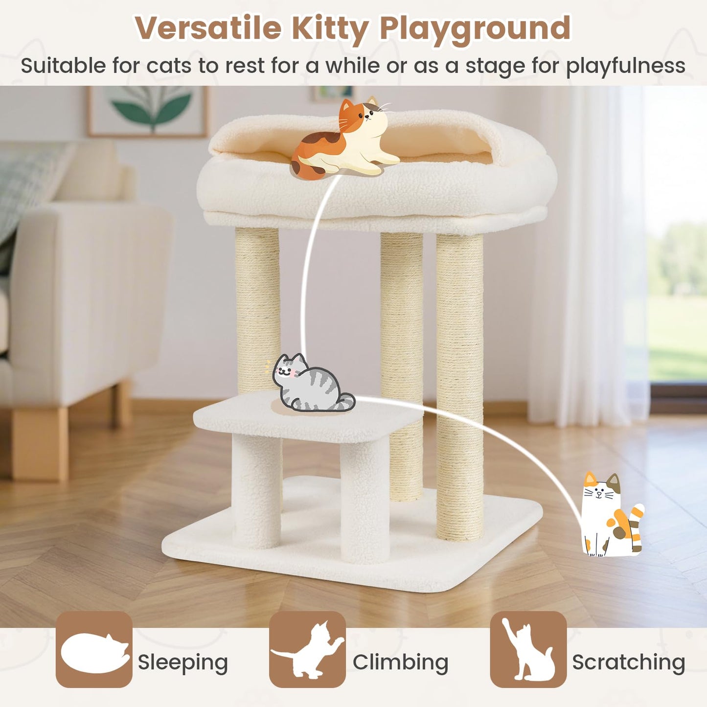 Cat Tree, 61cm Comfy Plush Top Perch Bed, Sisal Scratching Posts