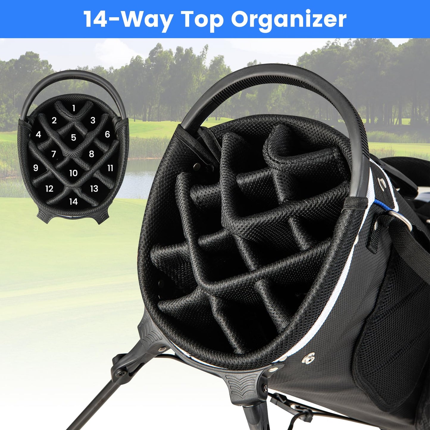 Golf Stand Bag wIth 14 Way Top Dividers 6 Pockets Cooler Bag Dual Strap and Rain Hood