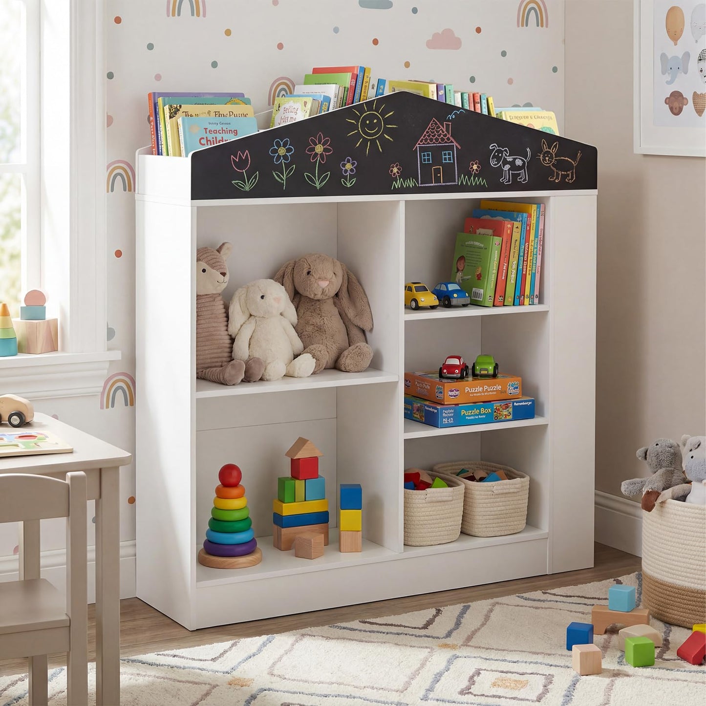 Wooden Book & Toy Storage Organizer, House Shaped Children Bookcase