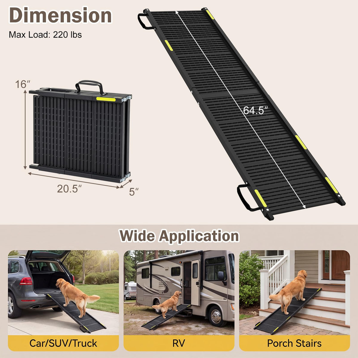 Foldable Dog Ramp, Portable Pet Car Stair with Non-Slip Surface