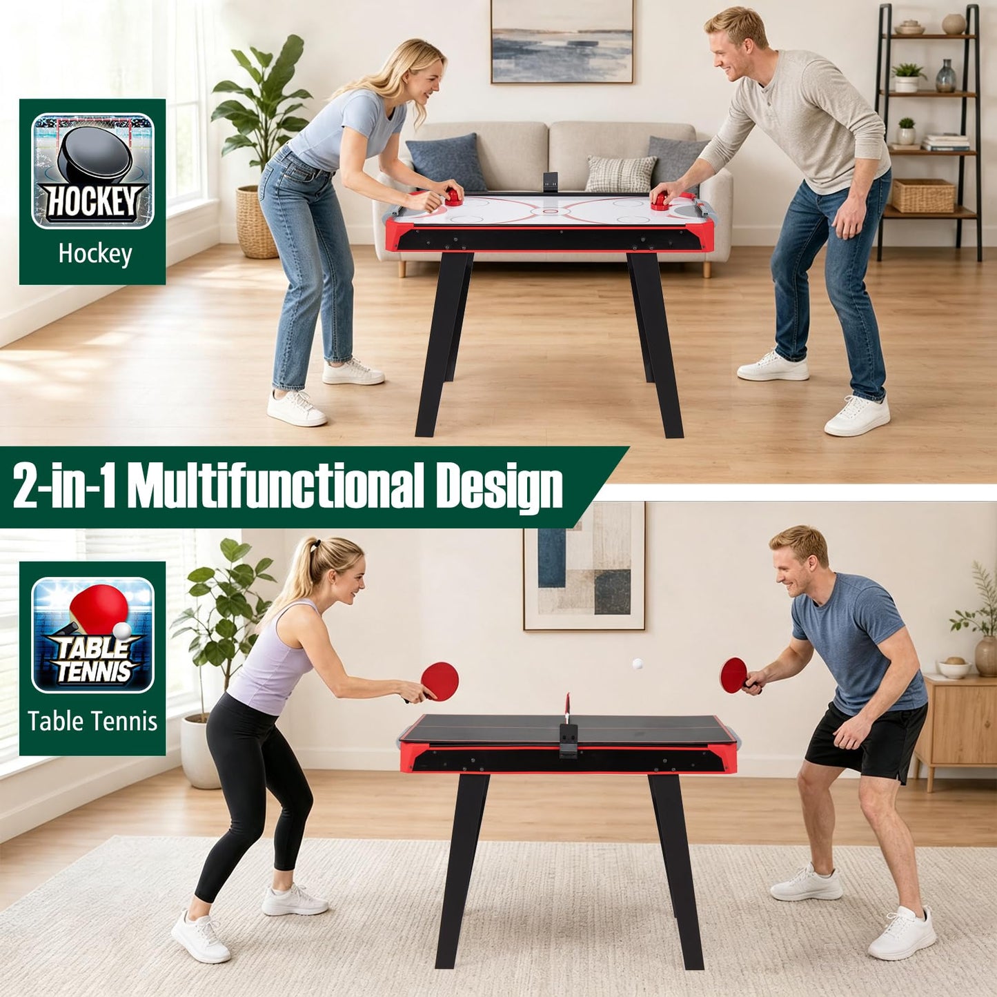 2-in-1 Multi-Game Table with Air Hockey and Table Tennis Top for Kids and Adults