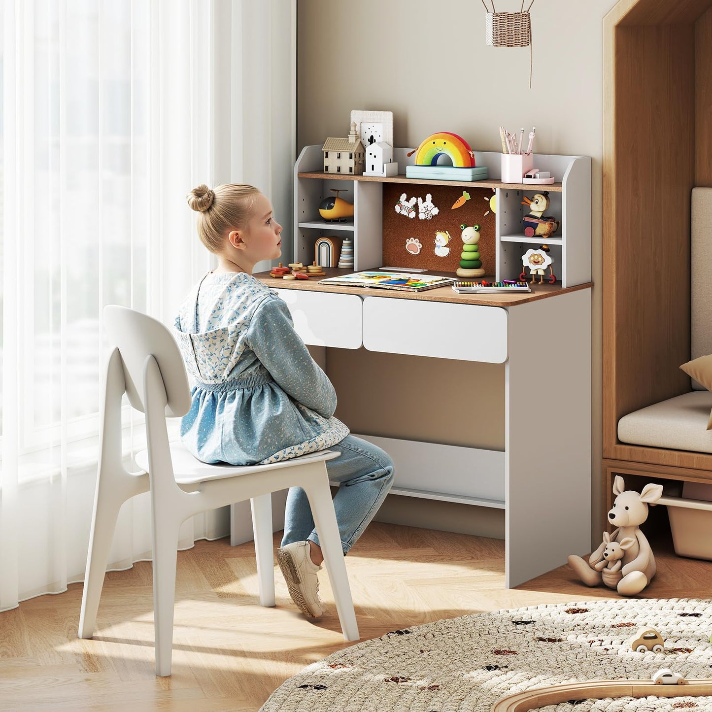 Kids Study Desk Student Writing Table with Cork Bulletin Board