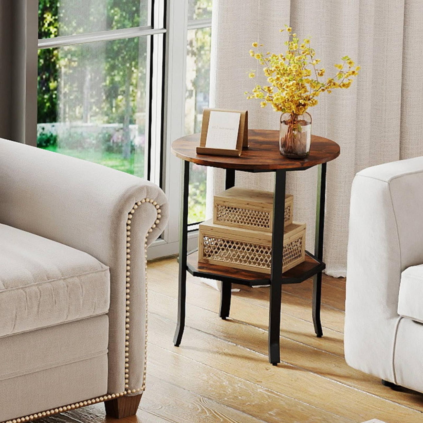 Round Side 2-Tier End Table with Storage Shelf