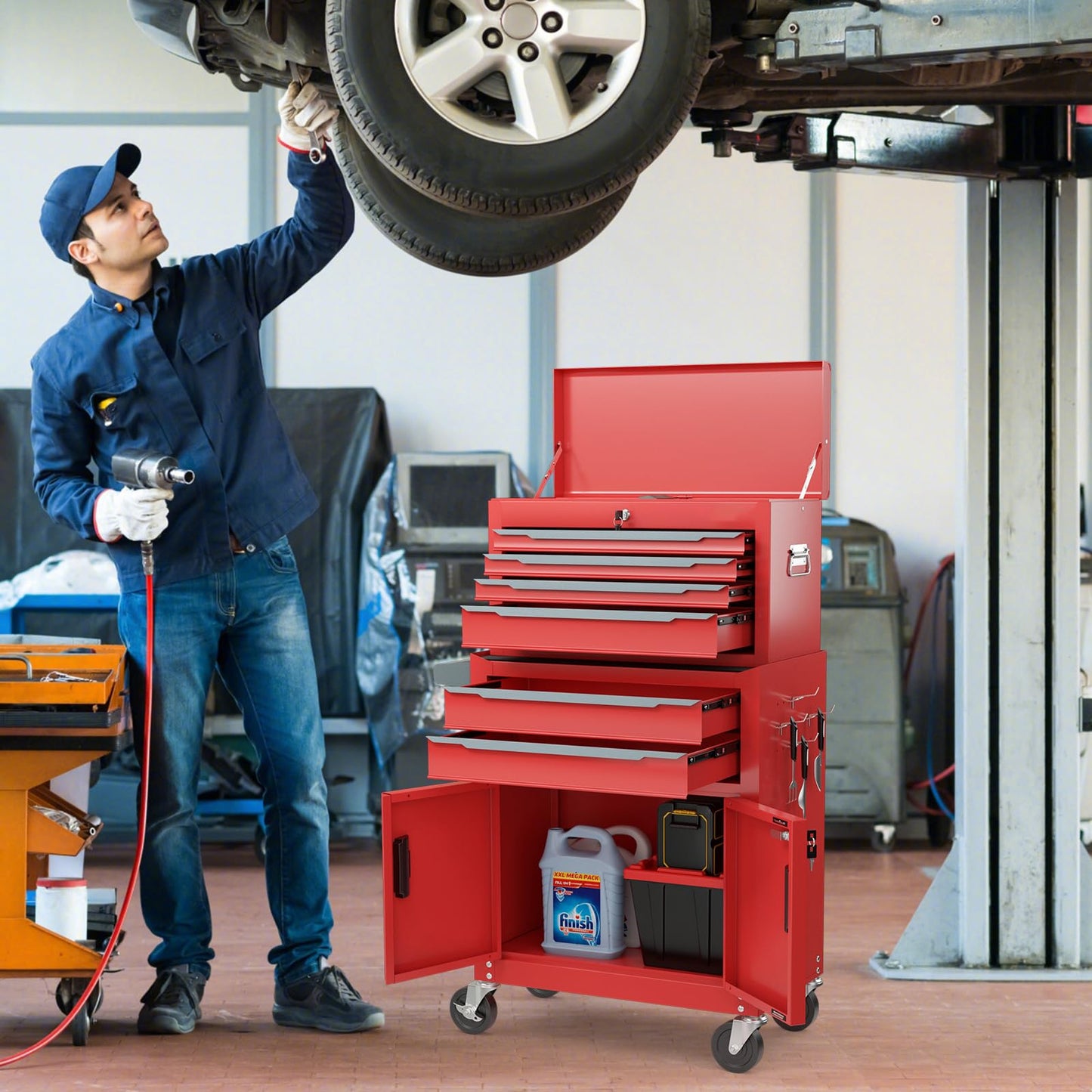 6-Drawer Rolling Tool Chest with Universal Wheels and Hooks