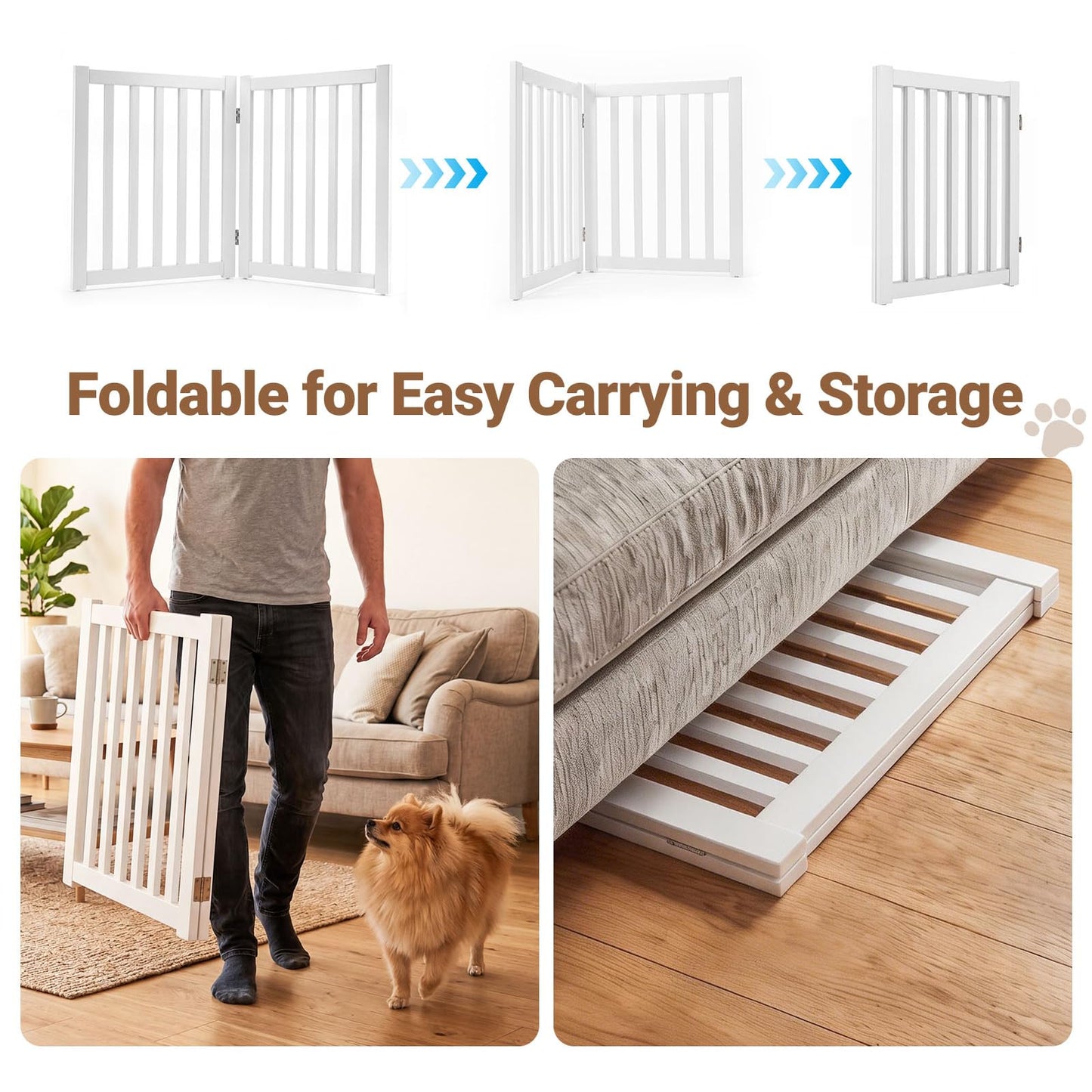 Foldable Pet Gate, Freestanding Wooden Puppy Barrier, Indoor Dog Safety Fence