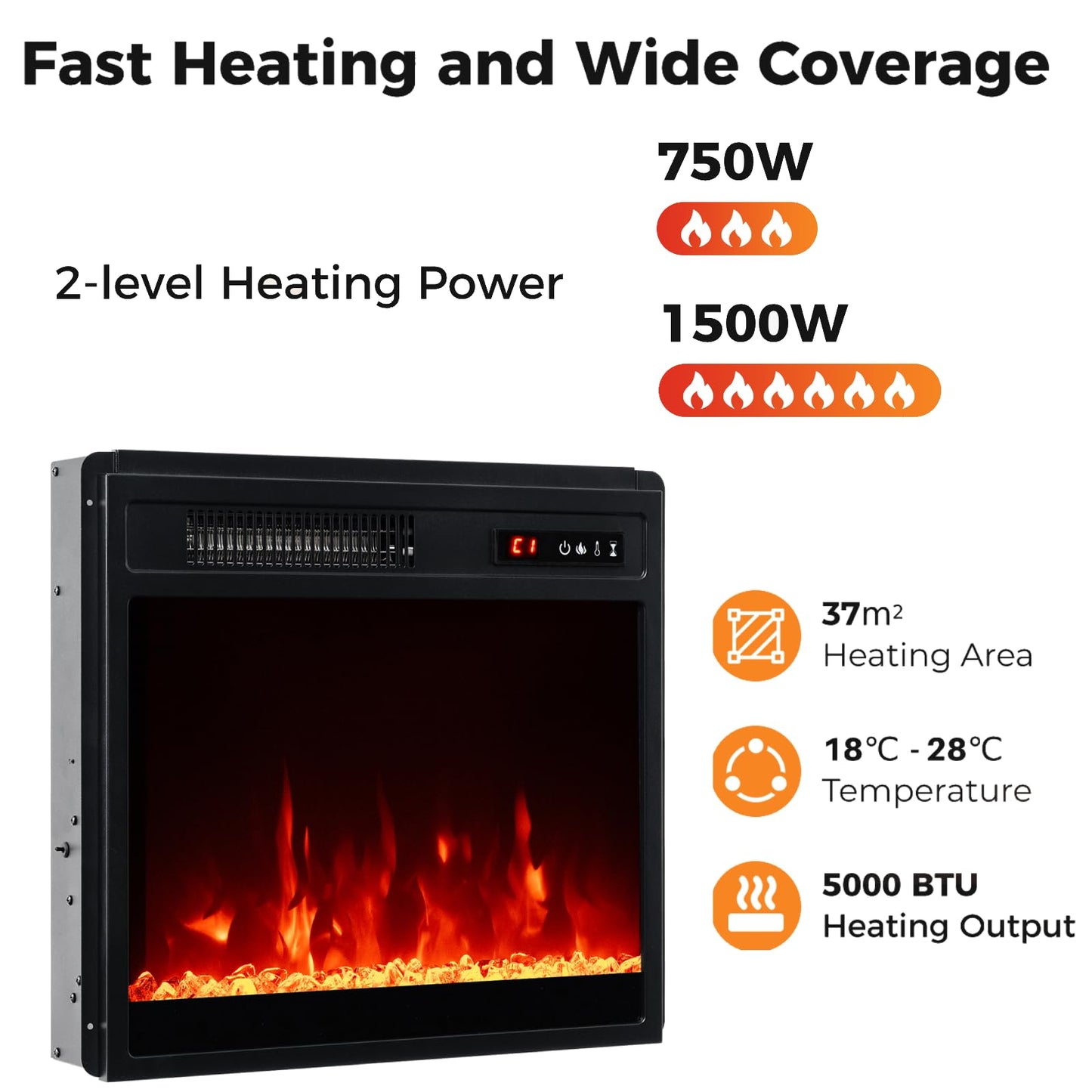18” Electric Fireplace Insert 750W/1500W Fireplace Heater