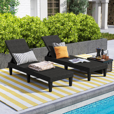 PP Rattan-Style Patio Chaise Lounge Deck Sunbed with 3-Position Adjustable Backrest and 6 Legs