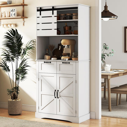 Kitchen Pantry Cabinet with Power Outlet Tall Coffee Bar Cabinet with Doors Drawers and Adjustable Shelf