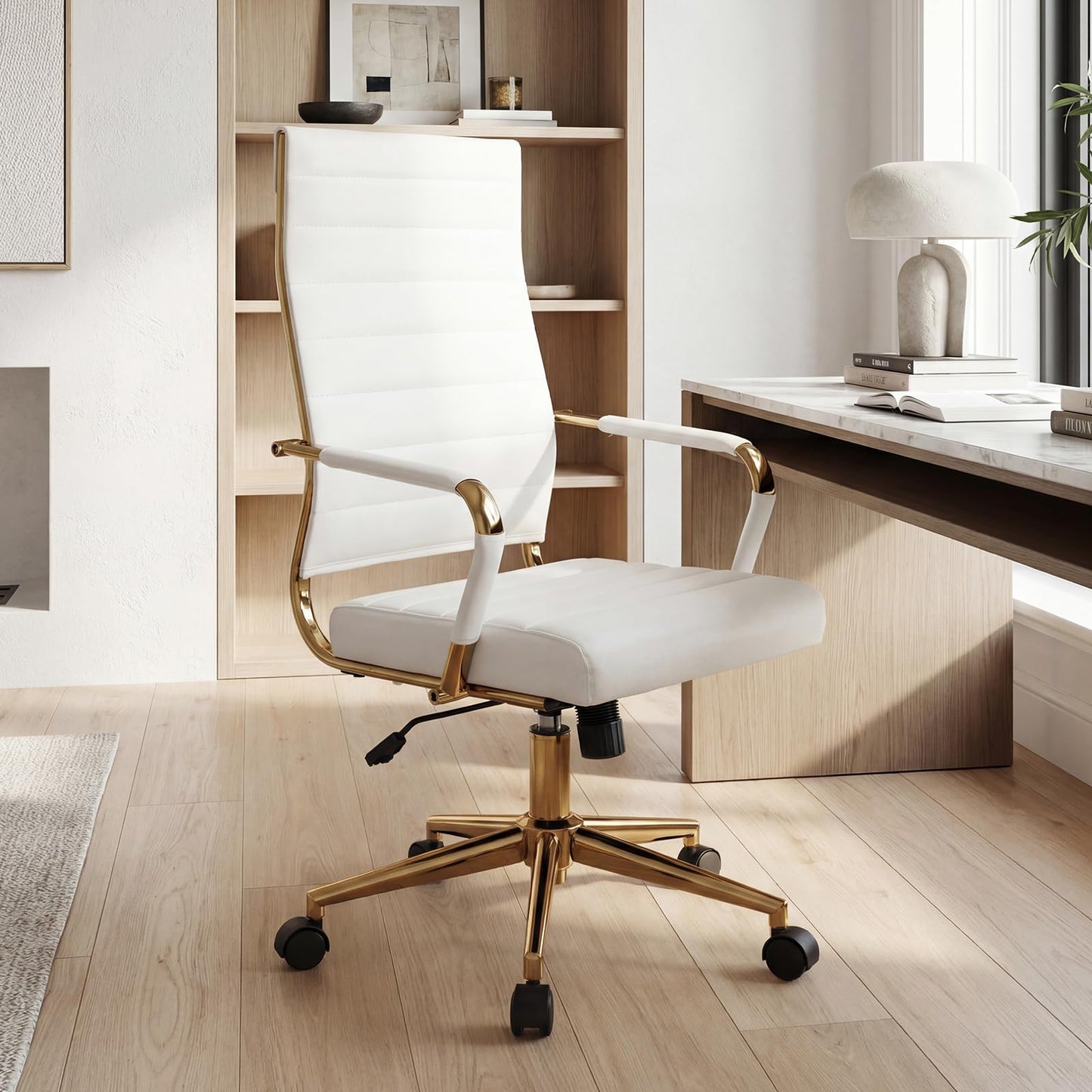 White Gold Office Chair with Ribbed PU Leather & Adjustable Backrest for Indoor
