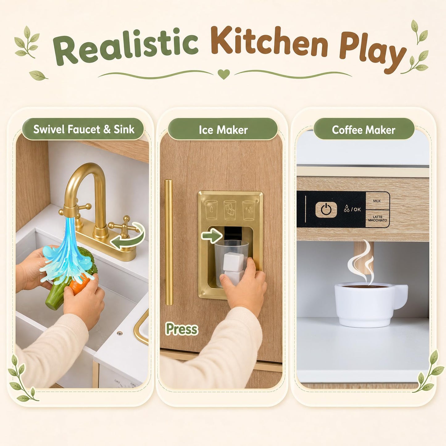 Kids Play Kitchen, Wooden Toy Kitchen with Stoves, Ice Maker, Oven