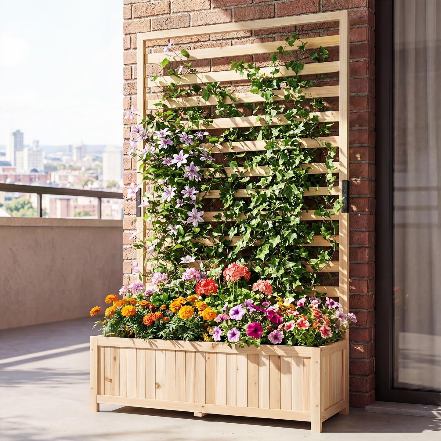 Wooden Planter with Trellis, Raised Garden Bed with Liner, Drainage Design
