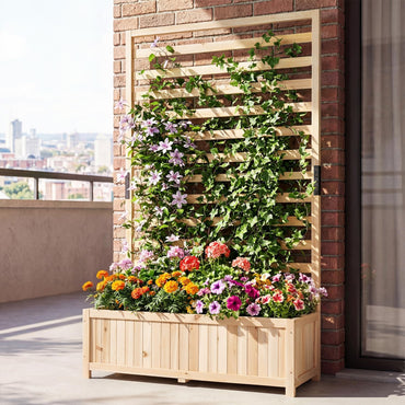 Wooden Planter with Trellis, Raised Garden Bed with Liner, Drainage Design