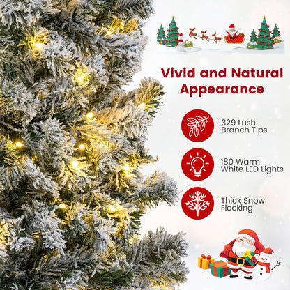 Pre-lit Snow Flocked Christmas Tree, Hinged Artificial Slim Pencil Xmas Tree with Lights