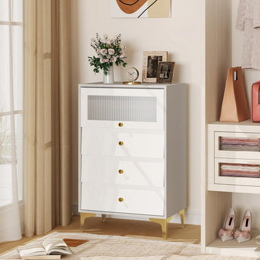 3 Drawer Dresser Cabinet with Flip Up Fluted Glass Door