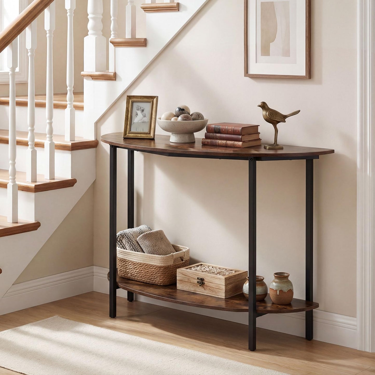 2-Tier Industrial Sofa Couch Table with Open Storage Shelf and Heavy-duty Metal Frame