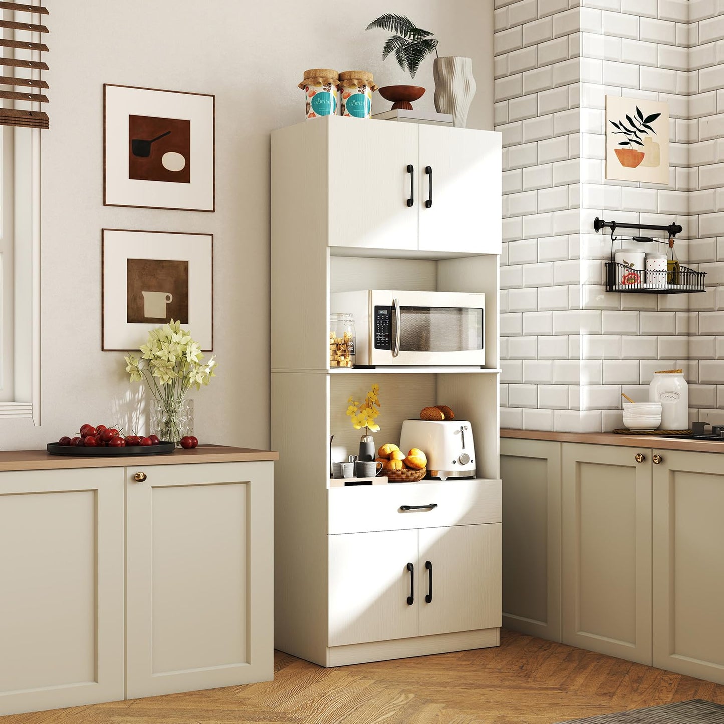 Kitchen Pantry Cabinet with Charging Station 168 cm Tall Cupboard with 4 Doors and 2 Adjustable Shelves