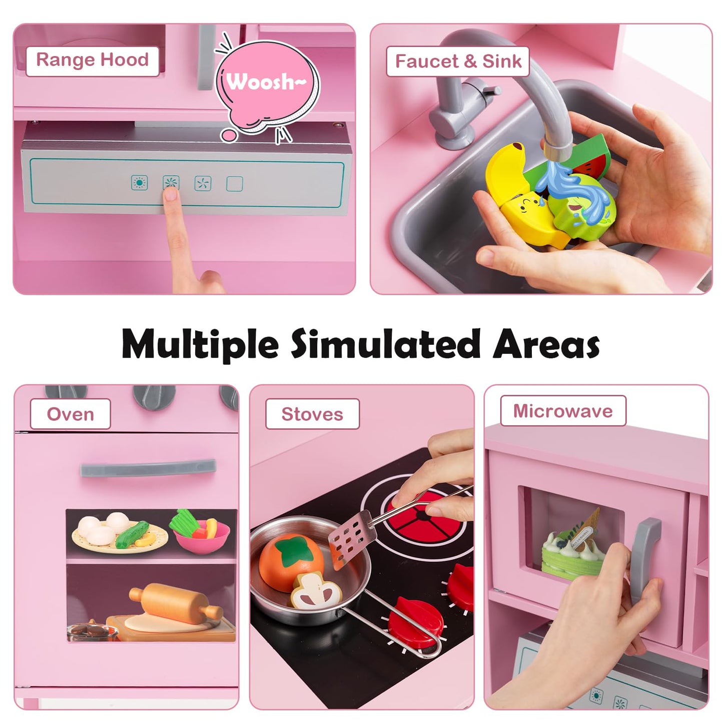 Wooden Kids Play Kitchen Set with Microwave Stoves Oven