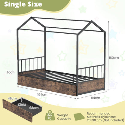 Kids Bed Frame, 3FT Single Size House Bed with Roof, 2 Drawers, Headboard & Footboard