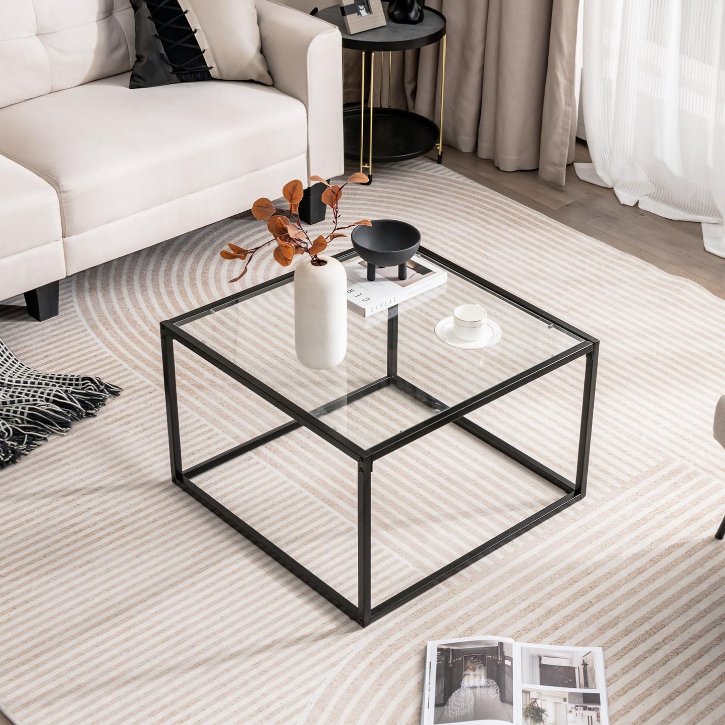 Giantex Square Coffee Table Tempered Glass Sofa Side Table with Adjustable Foot Pads (without Mesh Shelf)