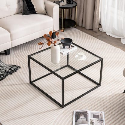 Giantex Square Coffee Table Tempered Glass Sofa Side Table with Adjustable Foot Pads (without Mesh Shelf)