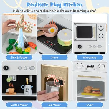 Kids Play Kitchen Wooden with Microwave and Ice Maker with Sounds