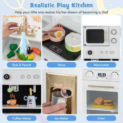 Kids Play Kitchen Wooden with Microwave and Ice Maker with Sounds