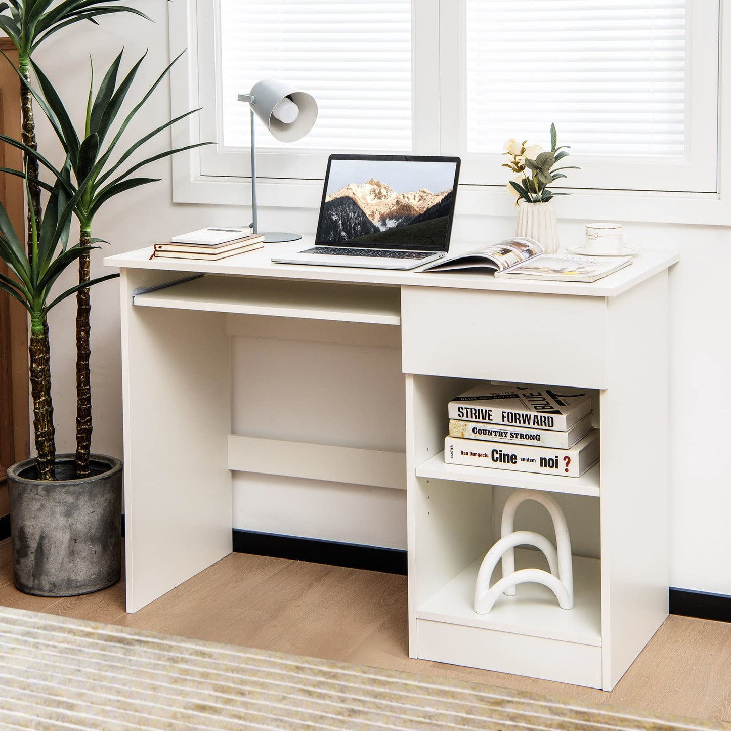 Wooden Computer Desk with Pull-out Keyboard Tray and Adjustable Storage Shelves