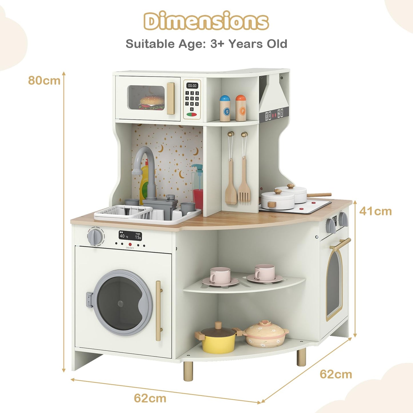 Wooden Corner Kitchen Playset with Working Faucet and Realist Sounds