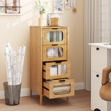 4 Drawer Dresser Bamboo Storage Cabinet with Fluted Tempered Glass Drawers