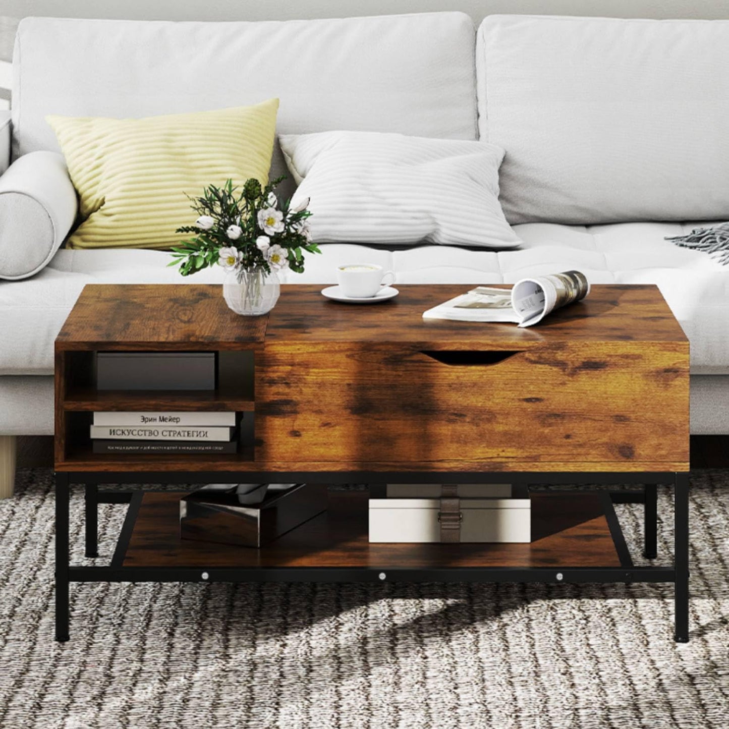 Lift Top Coffee Table with Hidden Compartment and Removable Shelf