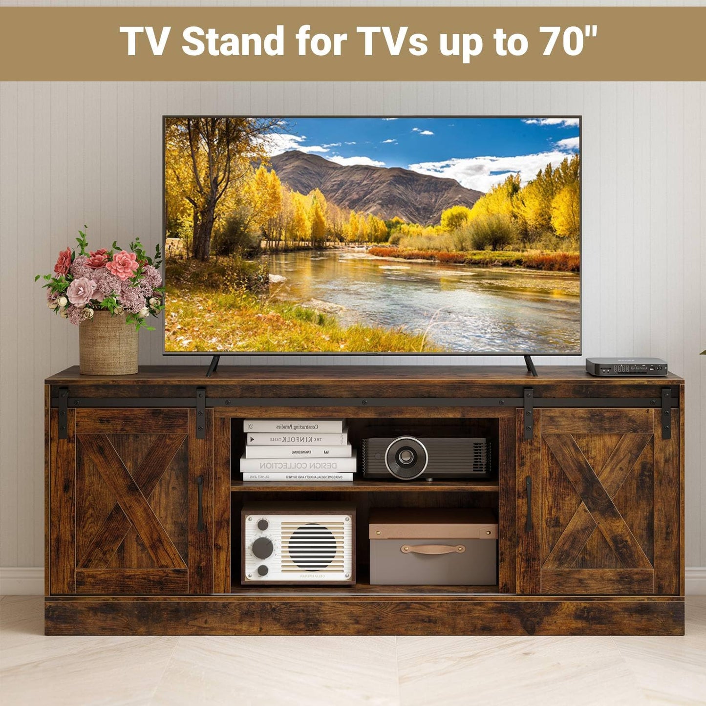 Entertainment Center with Sliding Barn Doors and Adjustable Shelves