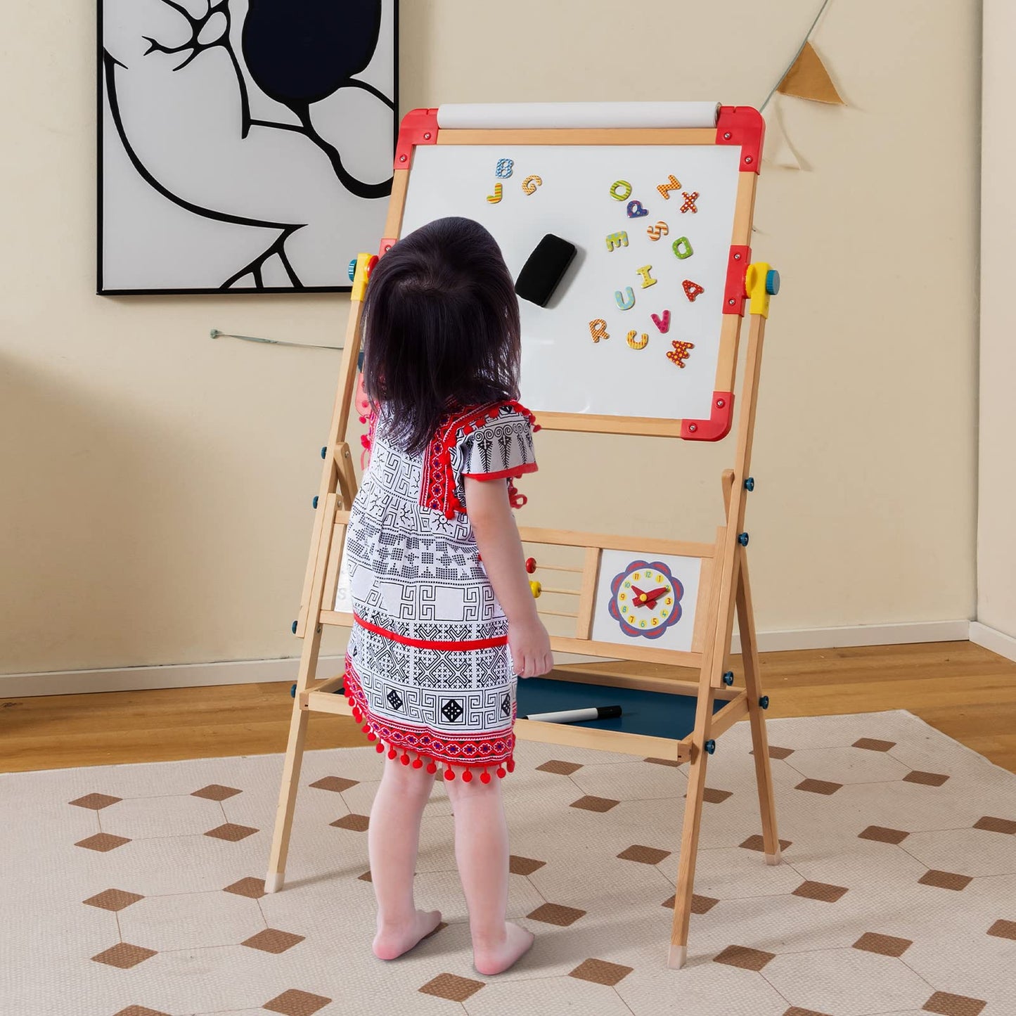 3-in-1 Freestanding Kids Art Easel with Double-sided Drawing Board