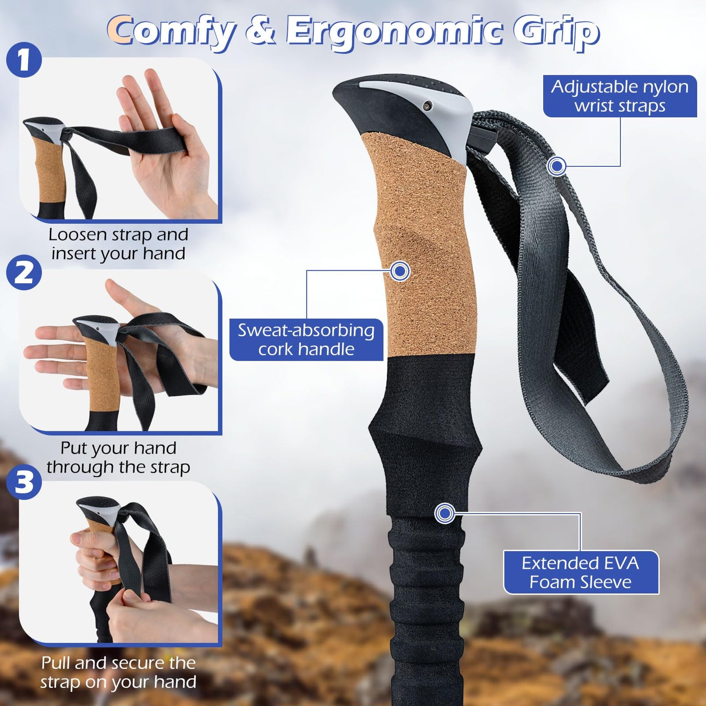 Retractable Hiking Poles Pair of 2 with EVA and Natural Cork Grips