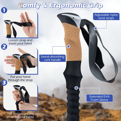 Retractable Hiking Poles Pair of 2 with EVA and Natural Cork Grips