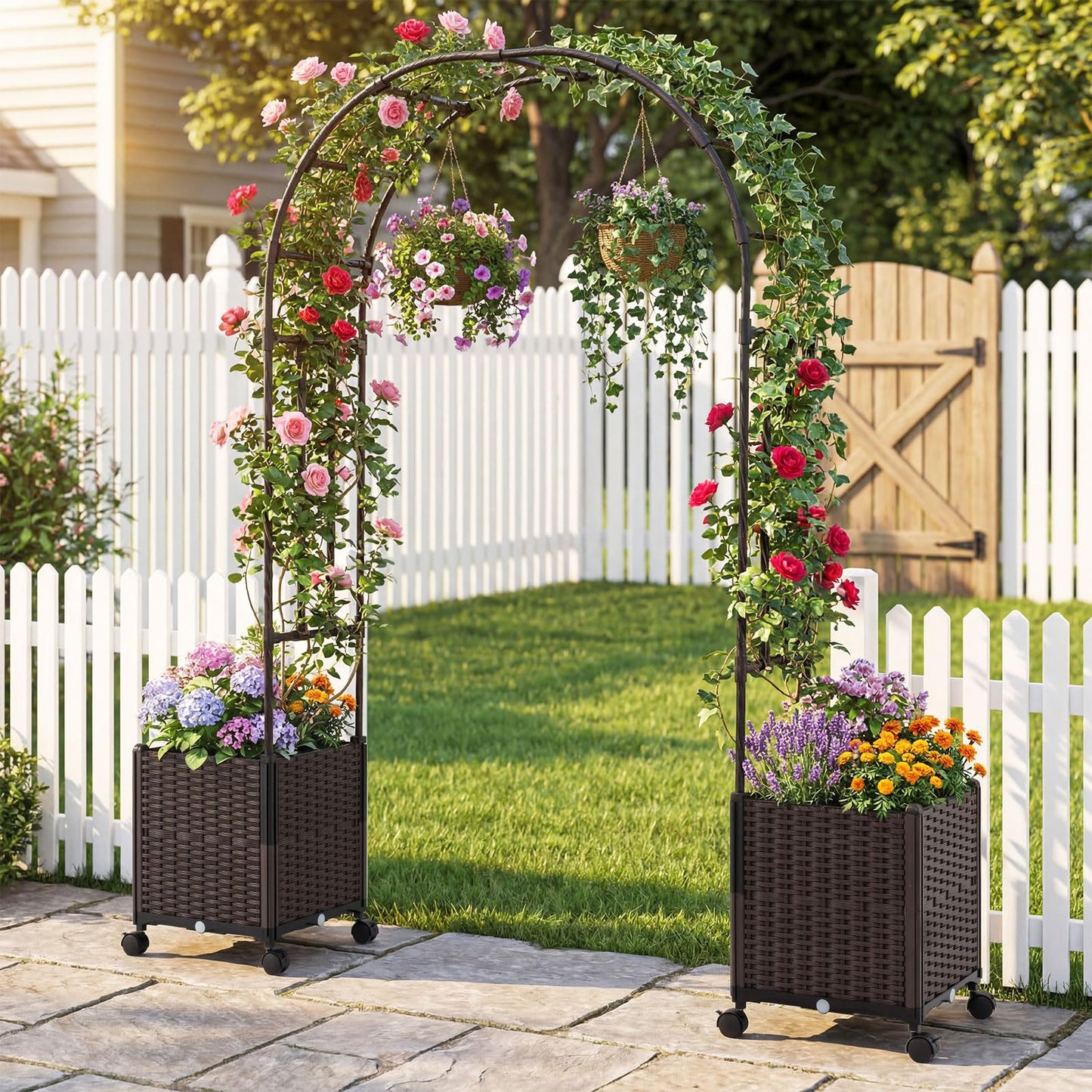 Garden Arch with Planter Box, 2M Metal Pergola Arbor Trellis with Self-Watering System