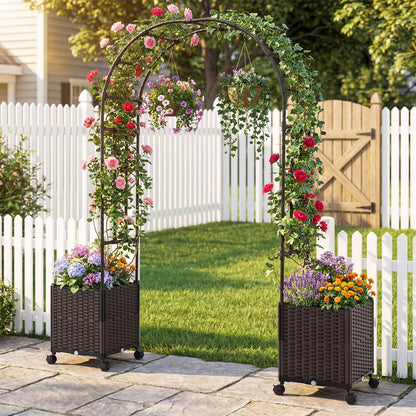 Garden Arch with Planter Box, 2M Metal Pergola Arbor Trellis with Self-Watering System