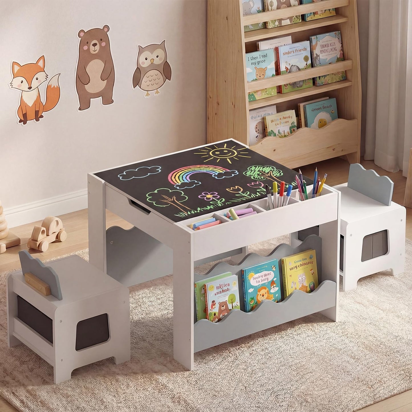 Kids Table and Chairs, Multifunctional Activity Desk Set with Double-sided Tabletop