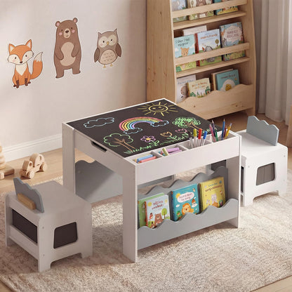 Kids Table and Chairs, Multifunctional Activity Desk Set with Double-sided Tabletop
