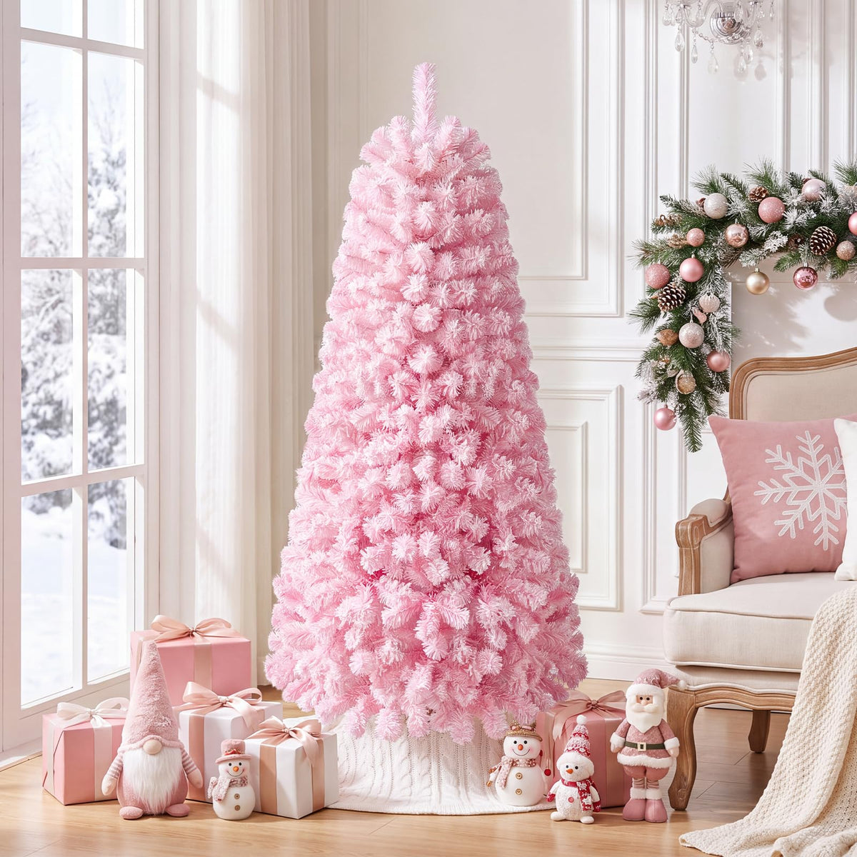 Artificial Christmas Tree, Snow Flocked Xmas Tree with Branch Tips and Foldable Metal Stand