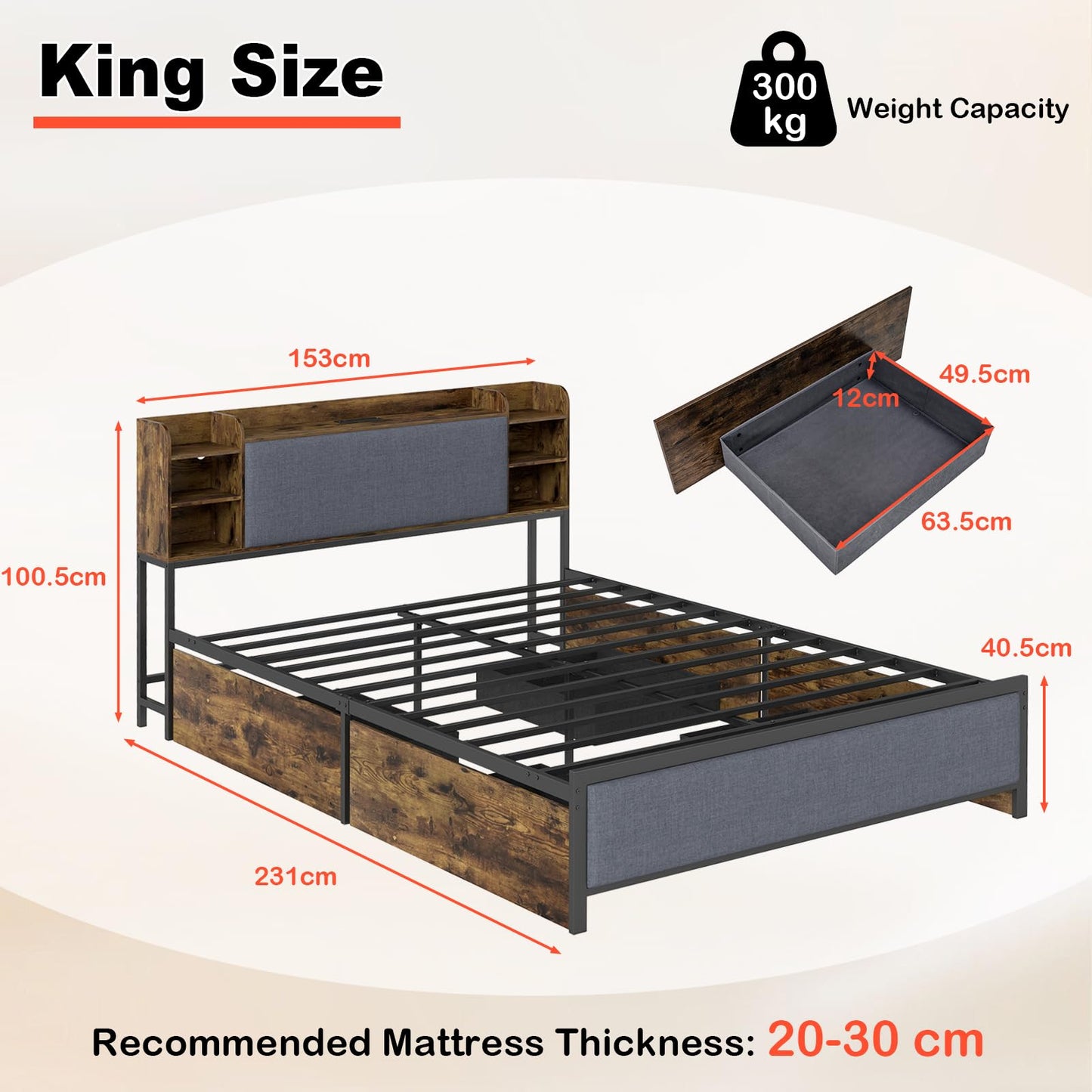 Double/King Size Bed Frame with LED Lights, Charging Station, Storage Headboard