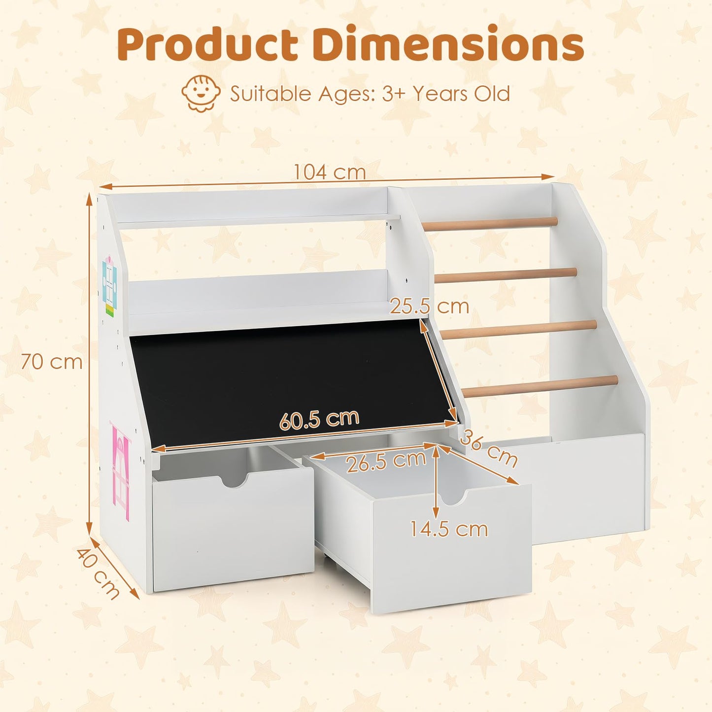 Toy Storage Organizer with Flip-up Blackboard and Movable Drawers for Playroom