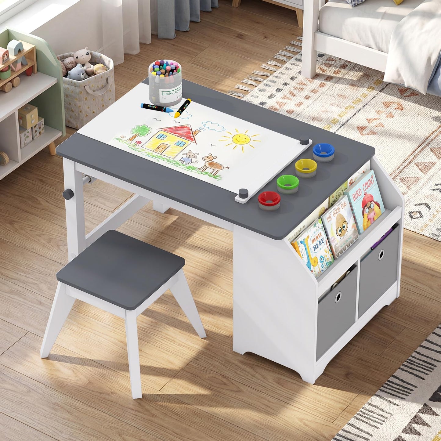 Kids Art Table and Stool Set, Toddler Craft Desk