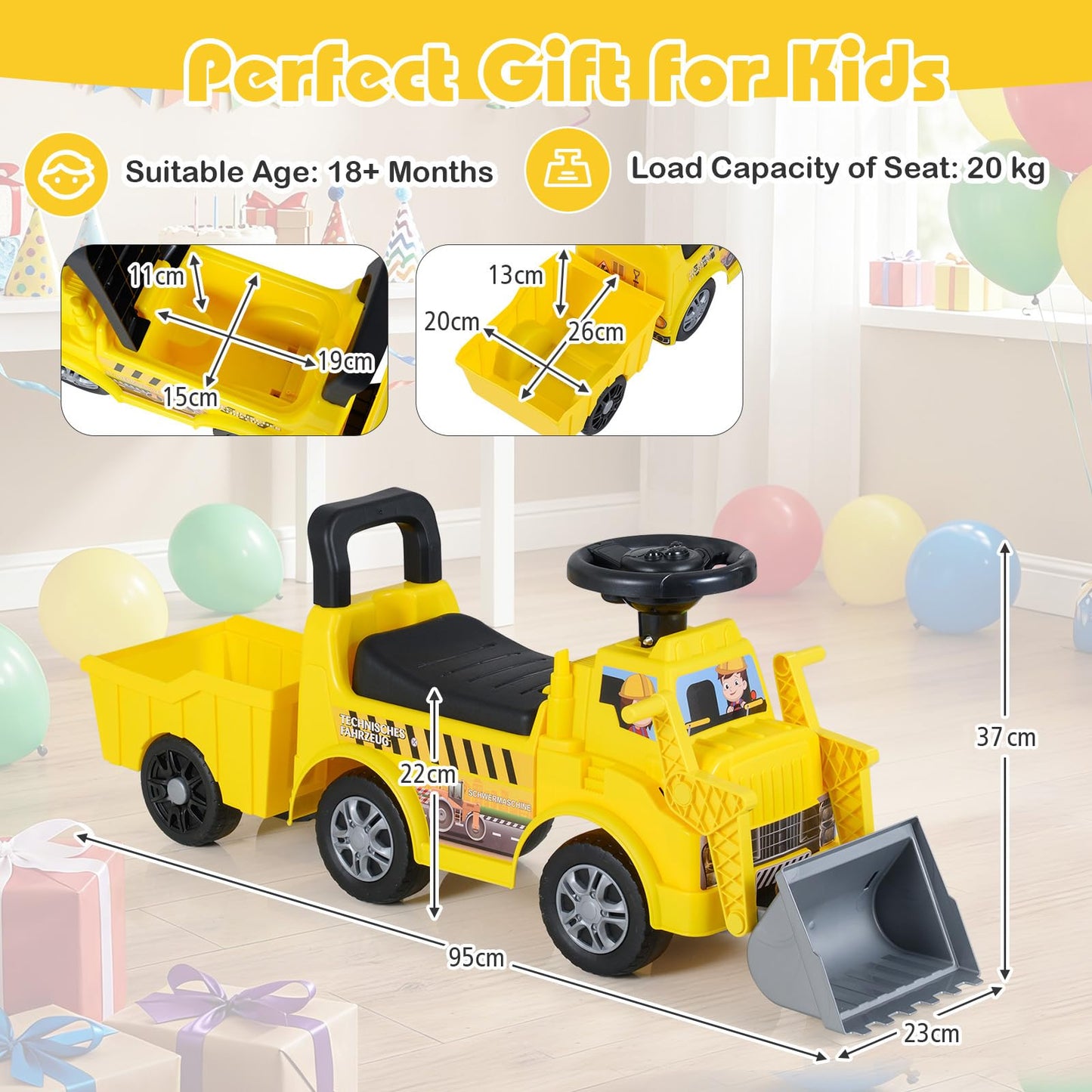 Kids Ride on Excavator, No Power Toddler Digger Ride on Push Car with Shovel